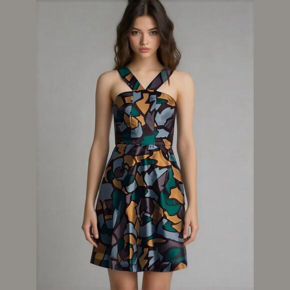 Ronny Kobo Pisella Green Silk Stained Glass Halter Fit & Flare Colorful Dress S - Picture 1 of 13
